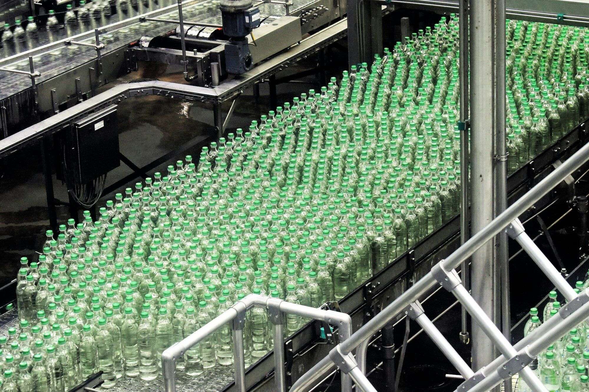 Glass bottles travelling on the conveyors of an automated bottle filling line